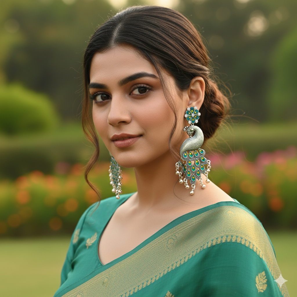 Saffron Era Oxidized Silver Jhumka Earrings for Women | Meenakari Enamel Peacock Design | Traditional Indian Antique Dangle Jewellery - Image 4