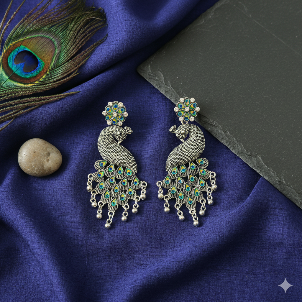 Saffron Era Oxidized Silver Jhumka Earrings for Women | Meenakari Enamel Peacock Design | Traditional Indian Antique Dangle Jewellery