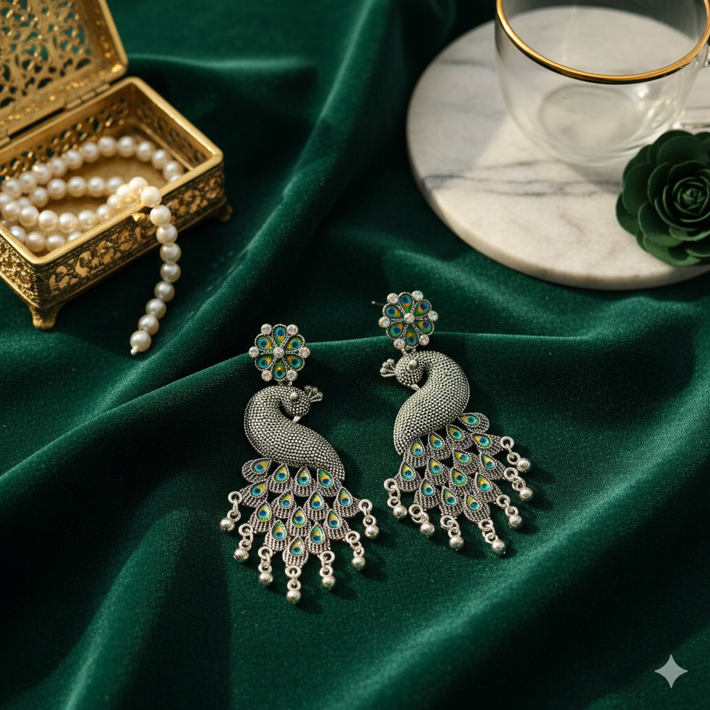 Saffron Era Oxidized Silver Jhumka Earrings for Women | Meenakari Enamel Peacock Design | Traditional Indian Antique Dangle Jewellery - Image 3