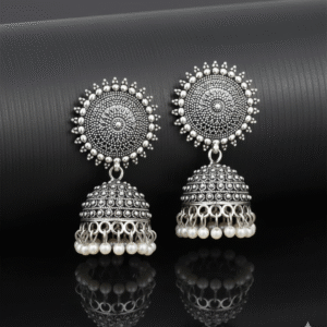 Antique Silver Jhumka Earrings, Traditional Indian Design, Pearl Drops, Round Stud Style, Oxidized Metal. Perfect for traditional occasions,Diwali, festivals, and ethnic wear,