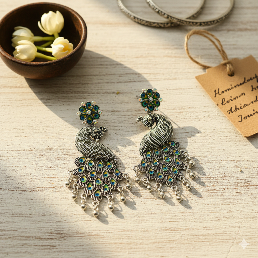 Saffron Era Oxidized Silver Jhumka Earrings for Women | Meenakari Enamel Peacock Design | Traditional Indian Antique Dangle Jewellery - Image 2