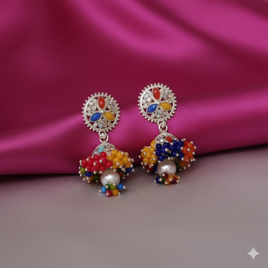 Vibrant Multi-Color Beaded Jhumka with Stone Stud - Traditional Festive Wear Earrings - Image 4